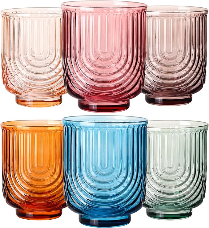 JOVGANK Colored Vintage Drinking Glasses Set of 6-14Oz Colorful Drinking Glasses, Art Deco Ripple Highball Glass, Whiskey Cocktail Glasses, for Bar Coffee Juice, Housewarming and Mother's Day Gift