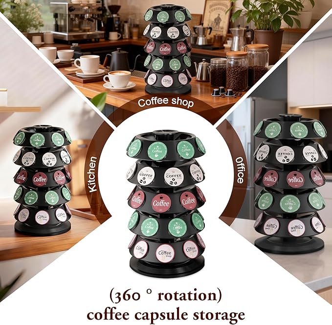 CEHNCEH K Cup Holder: Coffee Pod Carousel Organizer, Compatible with 40 Keurig K-Cup Pods, Spins 360-Degrees - Lazy Susan Platform, Home or Office Kitchen Counter Organize (New Model Black)