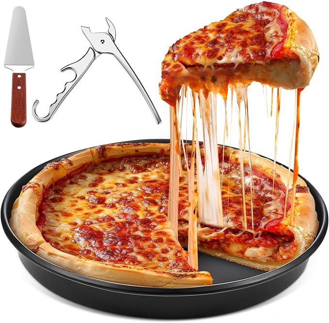 Reallnaive 3 Pcs Round 12 Inch Deep Pizza Pan Baking Tray Include 1 Non-stick Cake Mold, 1 Square Shovel, 1 Tray Clip, Pizza Dish Baking Sheet for Oven
