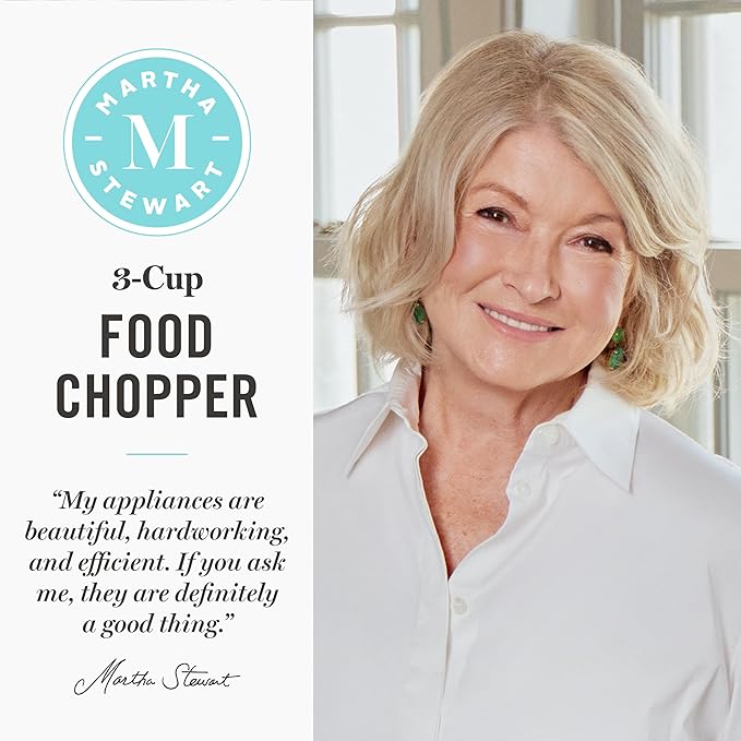 Martha Stewart 3 Cup Electric Food Chopper, Vegetable & Herb Mini Food Processor, 24oz BPA-Free Bowl, Stainless Steel Blades, Pour Spout, Dicing, Mincing, Chop & Puree, Dishwasher Safe, Linen