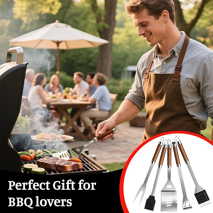 BBQ Grill Tools Set, Stainless Steel Grilling Set with Storage Bag, Spatula, Fork, Cleaning Brush Grill Set, Grill Accessories for Outdoor Cooking Camping, Grilling Gifts for Men