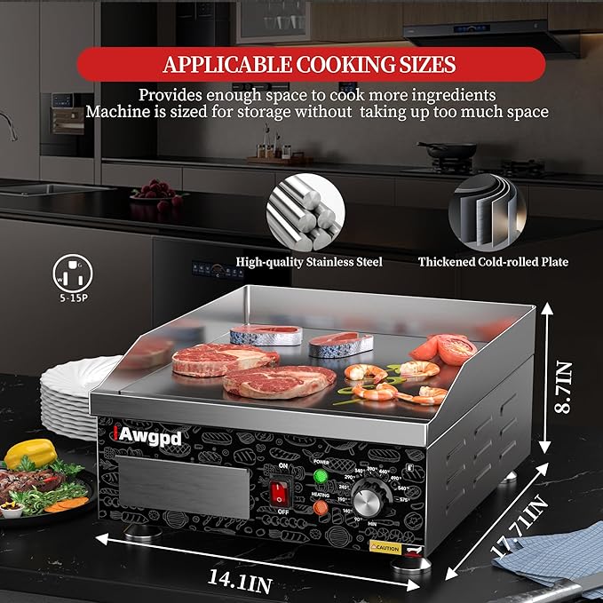 14" Commercial Electric Griddle,Electric Countertop Flat Top Griddle,110V 1800W Electric Flat Top Grill,Non-Stick Restaurant Teppanyaki Stainless Steel Grill,Adjustable Temperature Control
