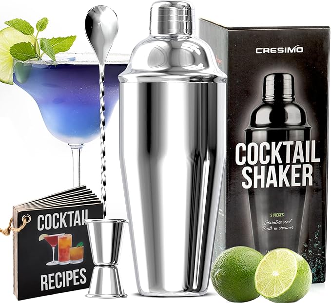 Cresimo 24oz Cocktail Shaker Set with Bar Accessories for Home Bar - Martini Shaker with Jigger and Drink Mixer Spoon - Alcohol Bartender Gift - Bartending Kit Essential for Home