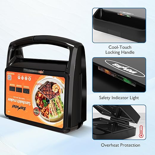 Sandwich Maker Panini Press Grill, 3 in 1 Electric Waffle Maker with Removable Non-stick Plates, Glass Top, Cool Touch Handle & Easy to Clean, 800W