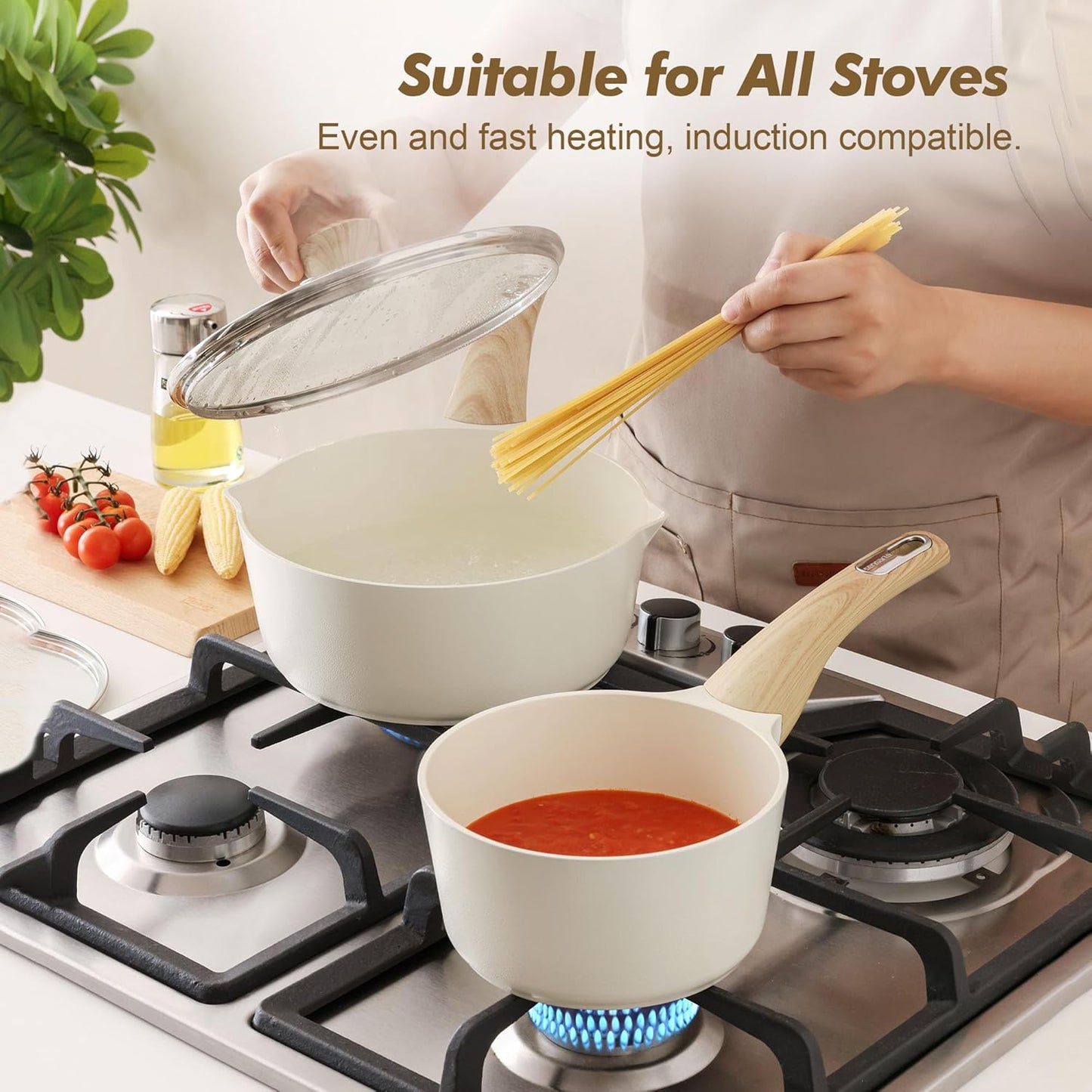 SENSARTE Ceramic Nonstick Sauce Pan with Lid, 2.5 Quart Saucepan with Double Spout, Large Cooking Pot, Non toxic Kitchen Sauce Pot, Non stick Saucier Pan, Induction Cookware, PFOA PTFE PFAS Free