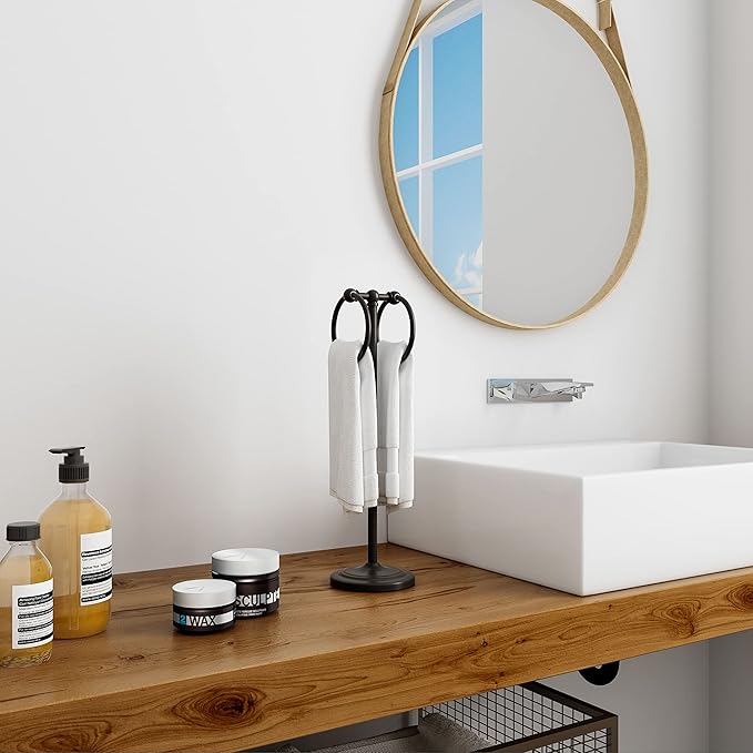 BGL Hand Towel Holder Stand for Bathroom, Hand Towel Stand for Bathroom Counter, Free Standing Towel Racks for Bathroom with Weighted Wood Base,19" High-Oil Rubbed Bronze