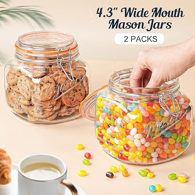 2 Pack Half Gallon Mason Jar with Hinged Lid, Wide Mouth Glass Canisters for Food Storage, Cookie, Flour, Candy, Coffee, Pickle - 64 Oz Glass Jar with Lid - 2 Scale Marks & Vintage Mason Jars