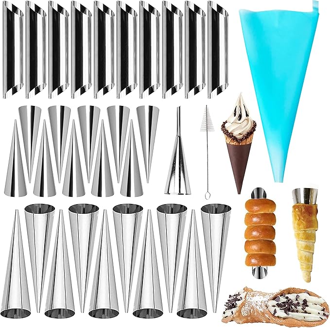 33 Pack Cannoli Forms Tube Set, 10 Cannoli Forms, 10 Large Hones Form Mould 10 Small Croissant Moulds, Brush, Reusable Icing Bag and Long Frosting Tip for Puff Pastry