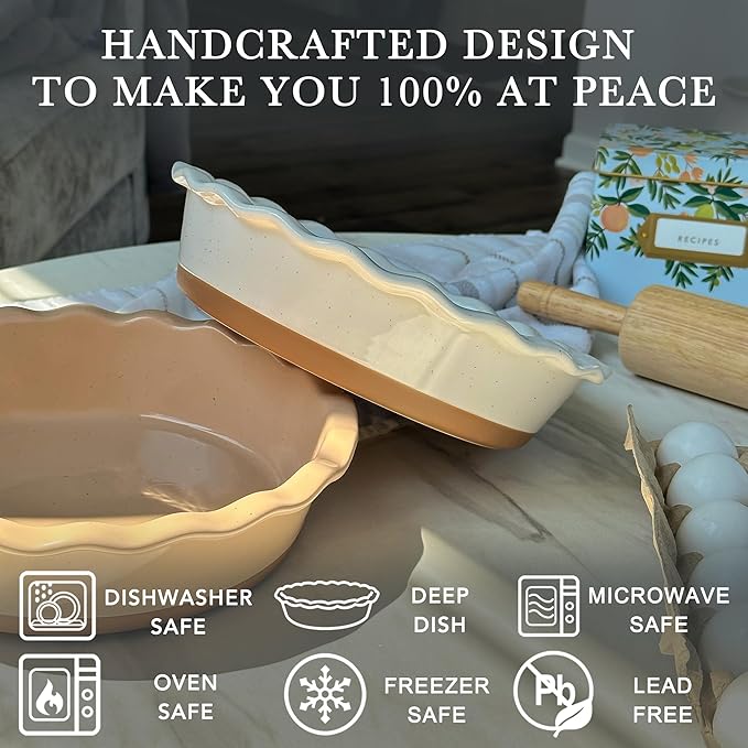MORA Ceramic Pie Pan for Baking - 9 inch - Deep and Fluted Pie Dish for Old Fashion Apple Pie, Quiche, Pot Pies, Tart, etc - Modern Farmhouse Style Porcelain Ceramic Pie Plate - Vanilla White