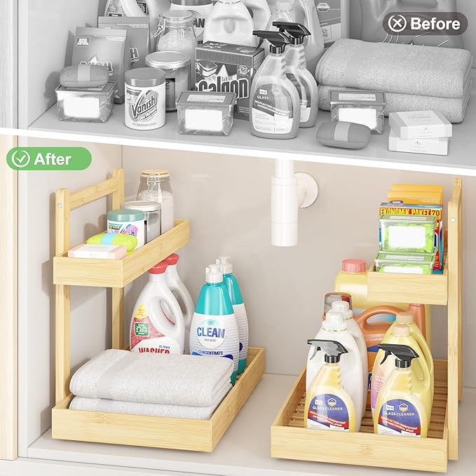 Under Sink Organizer - 1-Tier Pull Out Cabinet Organizer Vertical Slide Out Sink Shelf Storage Shelves for Multi-Purpose Bath Kitchen Bathroom Medicine (Nature, 1 Pack)
