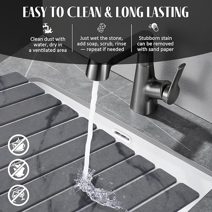 Large Stone Dish Drying Mats for Kitchen Counter, 24"(L)×16"(W) Marble-Pattern, Fast Drying Collapsible, Eco-Friendly Absorbent Diatomaceous Earth Mats, Match Any Countertop - Dark Grey