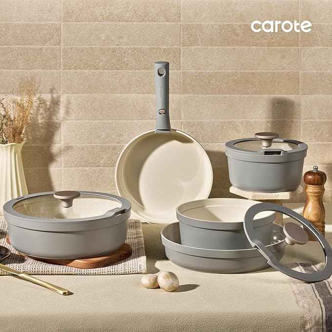 Carote 20pcs Ceramic Cookware Set with Detachable Handles, Pots and Pans Set Non Stick, RV Kitchen Cooking Pot and Pan, Dishwasher Safe, Non-toxic Induction Cookware PFAS and PFOA Free, Grey