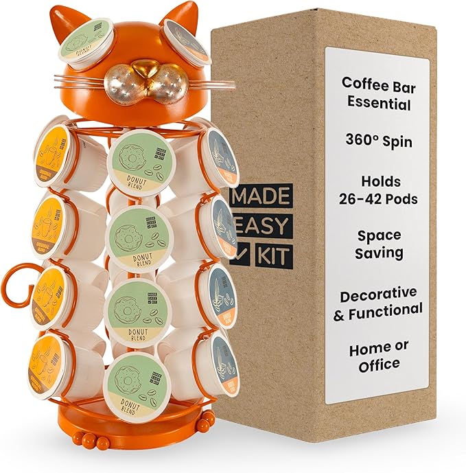 Made Easy Kit Carousel Coffee Pod Holder - Compatible with Keurig K-Pods K-Cups - Countertop 360 Spin Rack Storage Organizer - Revolving Base - Capsule Café Station Bar (Cat Orange, Small)