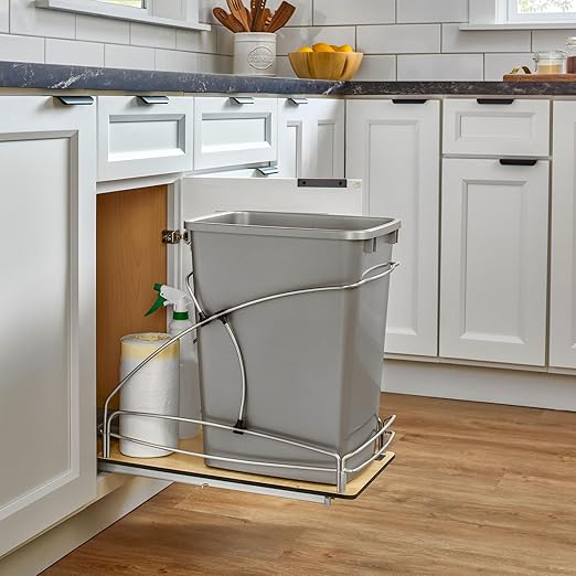 Rev-A-Shelf Steel Bottom Mount Single 35 Quart 8.75 Gallon Waste Bin Trash Container for Under Kitchen Cabinet with Soft Close, Gray, 54WC-1535SC-17-1