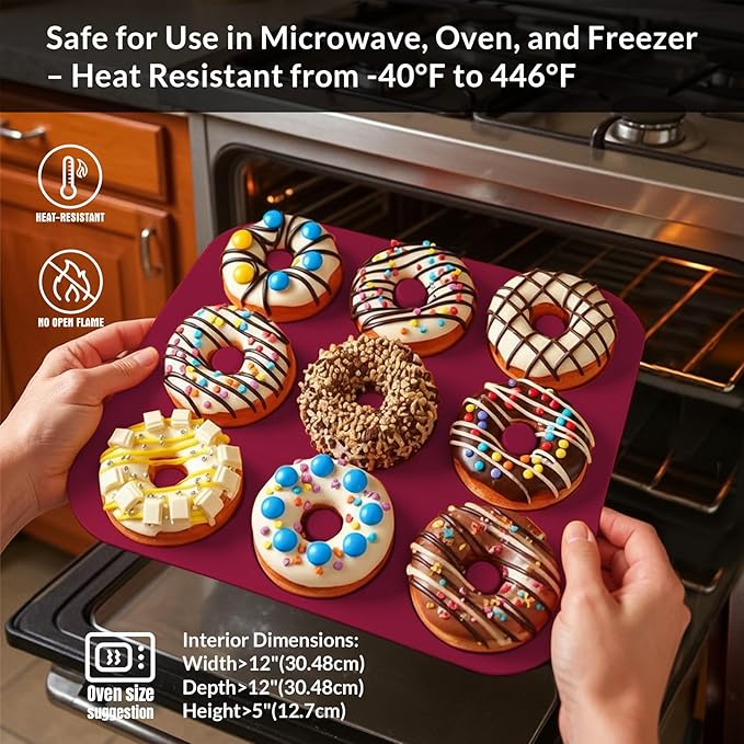 Large Silicone Donut Pan for Baking, 9 Cavity Non-Stick Food Grade Silicone Donut Molds, Doughnut Pan and Bagel Pans for Baking & Kitchen, BPA Free 11.2 x 11.1 Inches, Dishwasher Safe - Claret Red