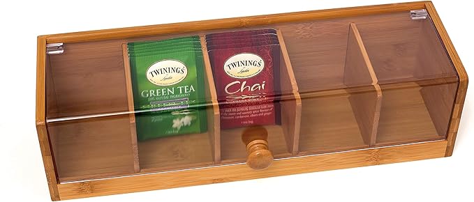 Lipper International 8187 Bamboo Wood and Acrylic Tea Box with 5 Sections, 14" x 5" x 3-3/4" (Pack of 2)