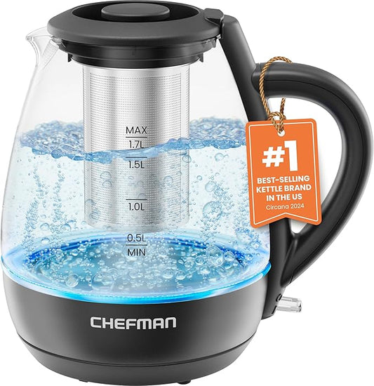 Chefman Electric Kettle with Tea Infuser, 1.7L 1500W, Removable Lid for Easy Cleaning, Boil-Dry Protection, Stainless Steel Filter, BPA Free, Auto Shut Off Hot Water Boiler, Glass Electric Tea Kettle