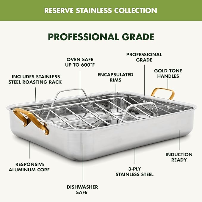 GreenPan Reserve 16" x 13" Tri-Ply Stainless Steel Roasting Pan with Roaster Rack, Multiclad Cookware, Induction Suitable, Gold Stainless Steel Handles, Dishwasher & Oven Safe, Silver