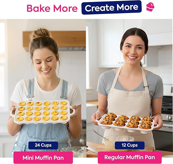 RICCLE 2 Pack Silicone Muffin Pans for Baking with Metal Reinforced Frame - Regular 12 Cup Silicone Muffin Pan & 24 Cup Mini Cupcake Pans - Silicone Cupcake Pan Set - Oven & Dishwasher Safe, BPA-Free