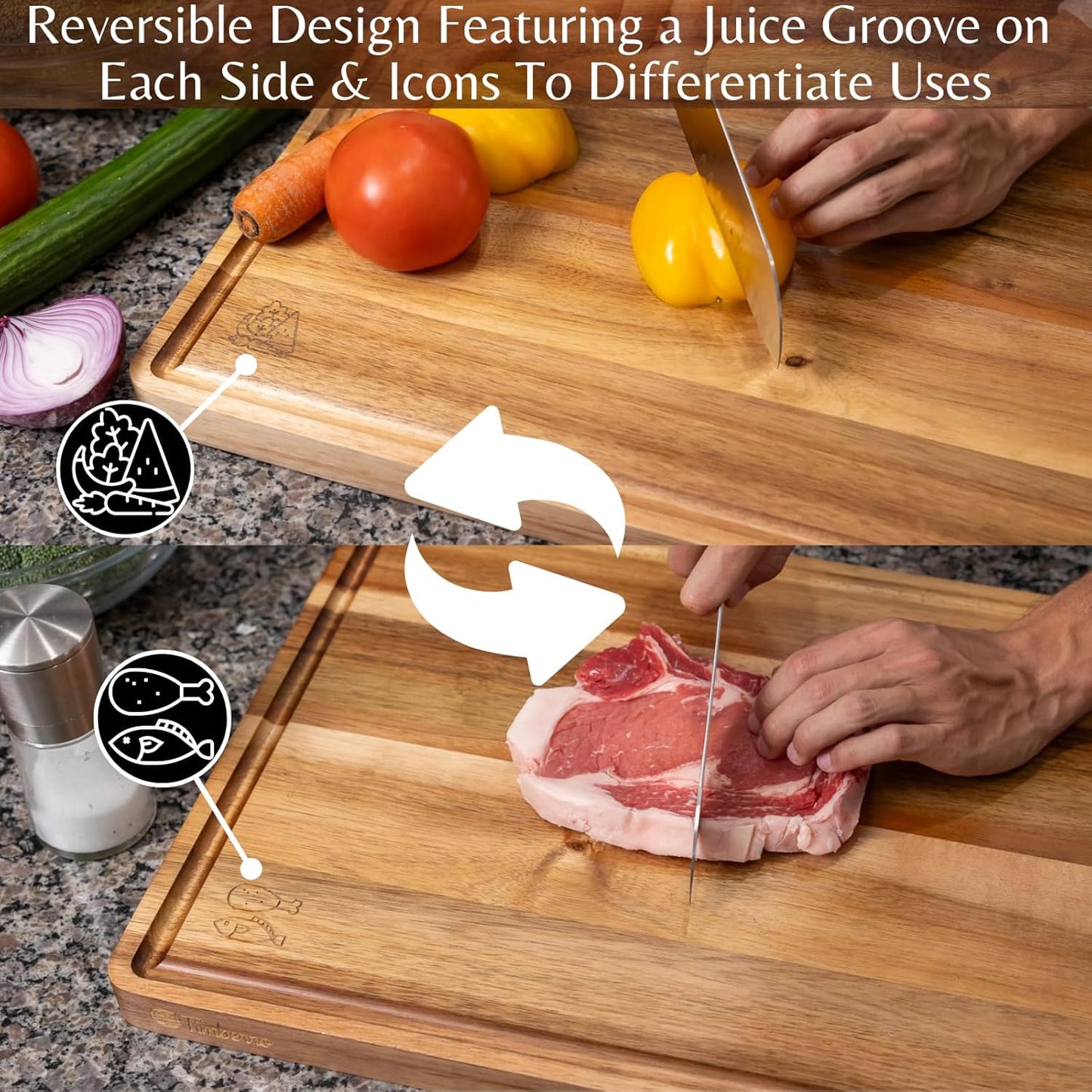 Acacia Wood Cutting Board (17x12x1.2 In.) - Big Wooden Non Toxic Hardwood Organic Meat Steak Chef Butcher Block Boards for Kitchen with Juice Groove