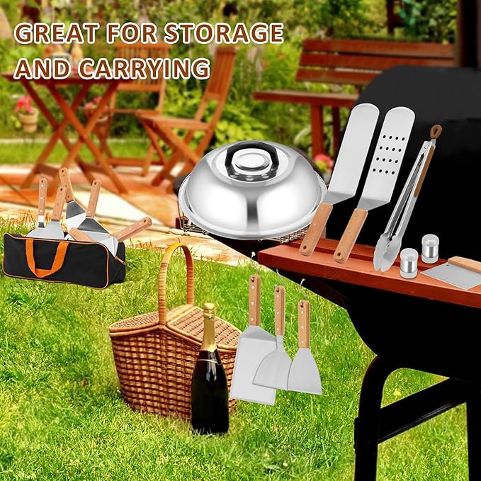 Griddle Accessories Set of 25, Leonyo Flat Top Grill Accessories, Professional BBQ Tool with Enlarged Spatulas Scraper, Basting Cover, Smash Burger Press, Carry Bag for Outdoor Barbecue, Wood Handle