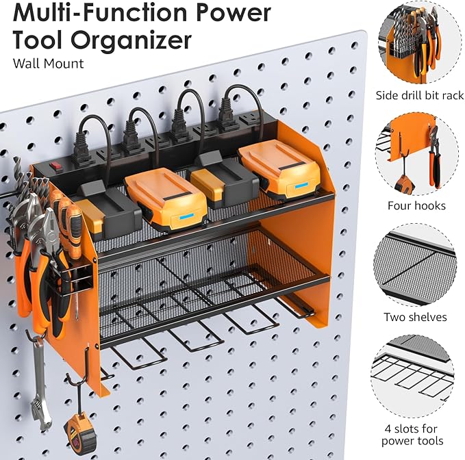 CCCEI Modular Power Tool Organizer Wall Mount with Charging Station. Garage Drill Storage Shelf with Hooks, Heavy Duty Rack, Tool Battery Holder Built in 8 Outlet. Gift for Men. Orange, 2 Pack.