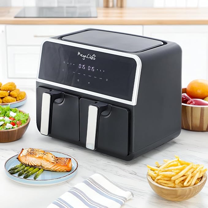 MegaChef Dual 4.8 Quart Fry Basket Digital Electric 1700W Adjustable Temperature Air Fryer, Countertop Fryer, Kitchen Appliance (9.6 Quart)