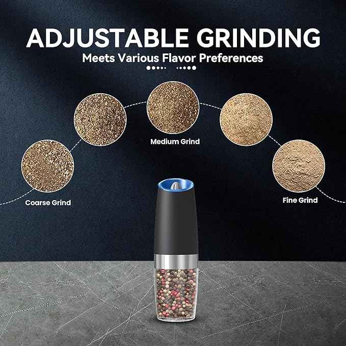 Gravity Electric Salt and Pepper Grinder, Automatic Salt And Pepper Grinder, Adjustable Roughness, Battery Powered, LED Light, 1 Pack, (Black)