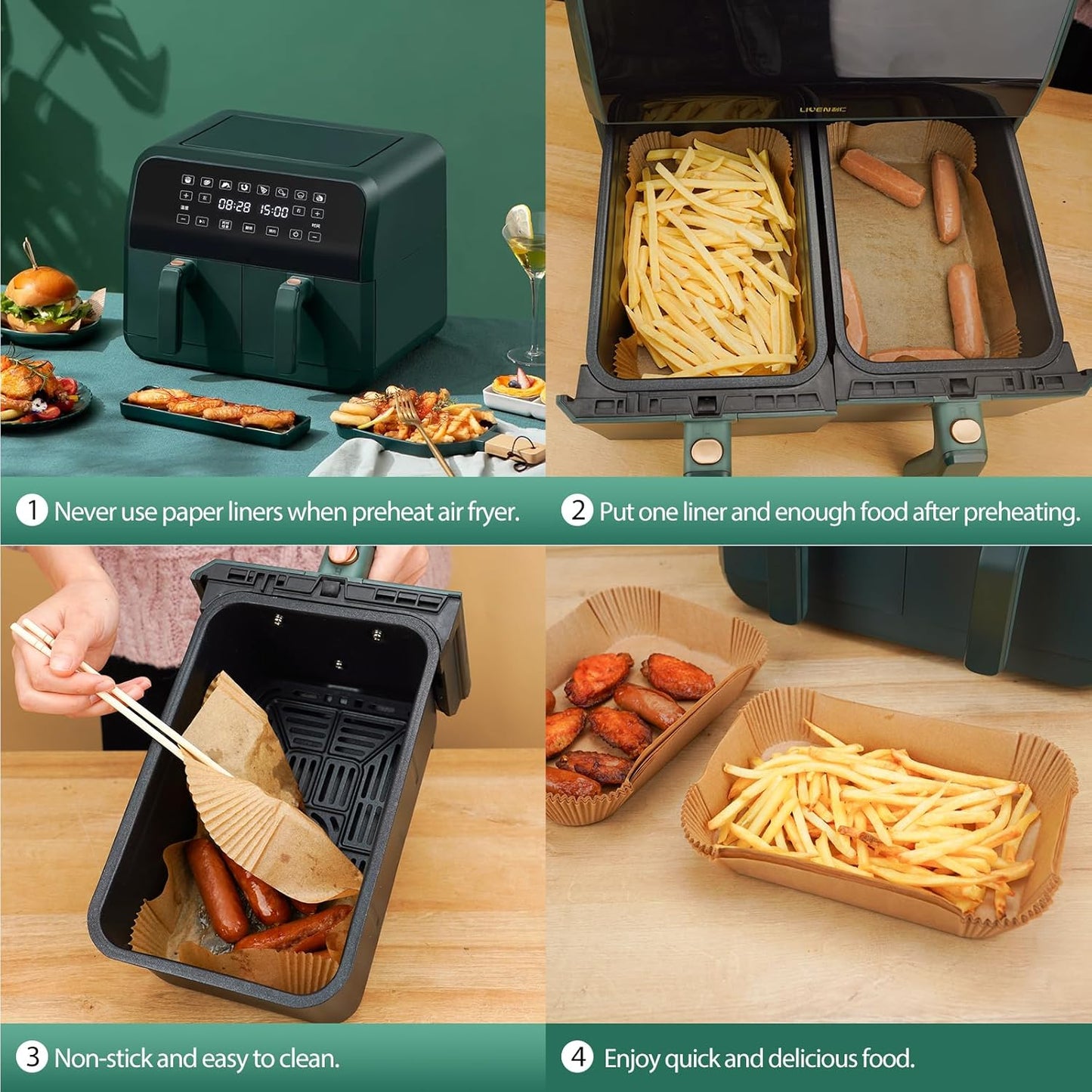 Air Fryer Liners Disposable for Dual Basket, 250Pcs 8x5.5 Inch Rectangular Parchment Paper for Ninja DZ201 DZ401, Chefman/COSORI 2-Basket Air Fryer, Oil Proof Baking Paper Sheets by Vailnd