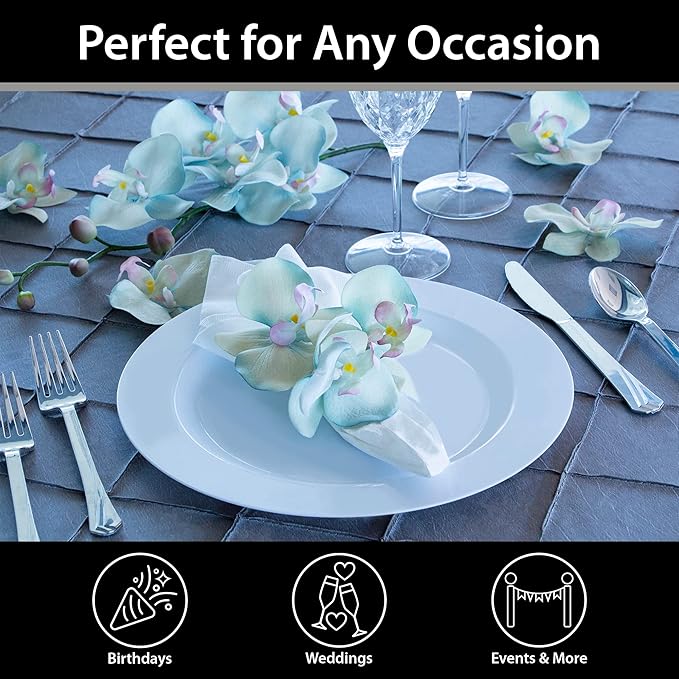 Lillian Tablesettings Premium Quality 10.25 inch Heavyweight Plastic Plates China Like, Wedding and Party Dinnerware Plastic Plates White Pearl - Value Pack 240 Count