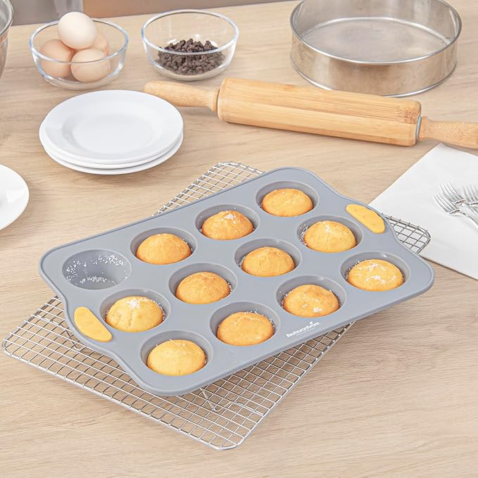 Restaurantware Silicone Baking Mold Pack of 1 Non-Stick Muffin Mold with Handles 12 Compartments, Oven-Friendly Dishwashable Freezer-Friendly Heat-Resistant Gray Silicone Cupcake Muffin Pan