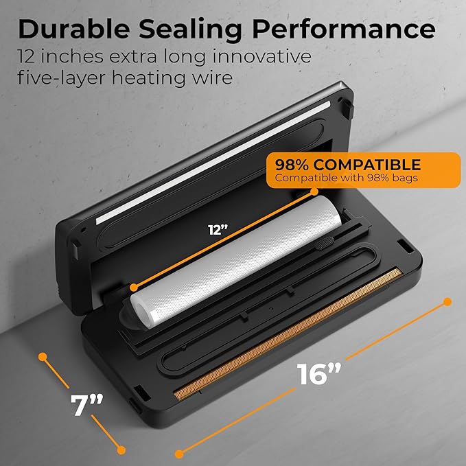 Vacuum Sealer for Food Saver & Preservation 80kPa - Powerful Suction Bag Sealer Dry/Moist/Liquid Modes - Vacuum Sealing Machine with Built-In Cutter, Bag Roll & 10 Bags Kit (Silver)