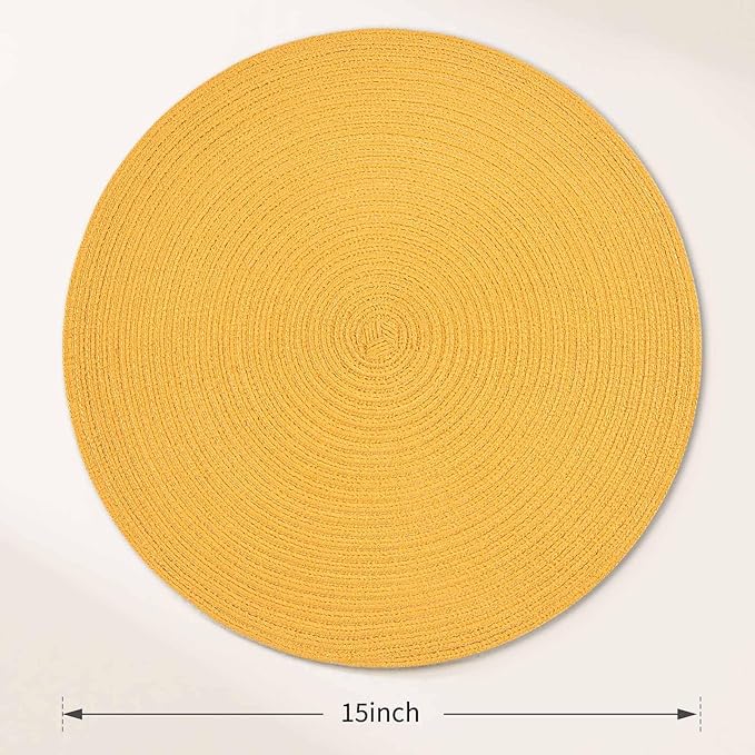 FunWheat Round Braided Placemats Set of 6 Place mats for Dining Tables Woven Heat Resistant Table Mats 15 inch (Yellow,6pcs)