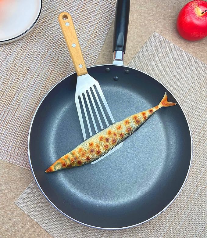 Fish Spatula Set for Nonstick Cookware Flexible Metal Fish Spatula Stainless Steel Small Fish Slotted Spatula Turner with Wood Handle