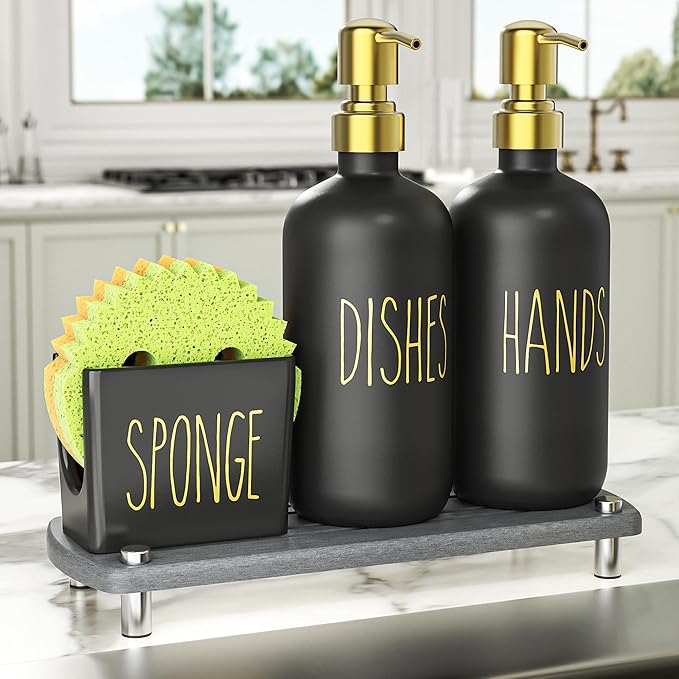 Cisily Kitchen Soap Dispenser Set Comes with Ceramics Sponge Holder, Gold Pumps, and Instant Dry Tray, Hand and Dish Soap Dispenser Set (4, Gold + Black + Sponge Holder)