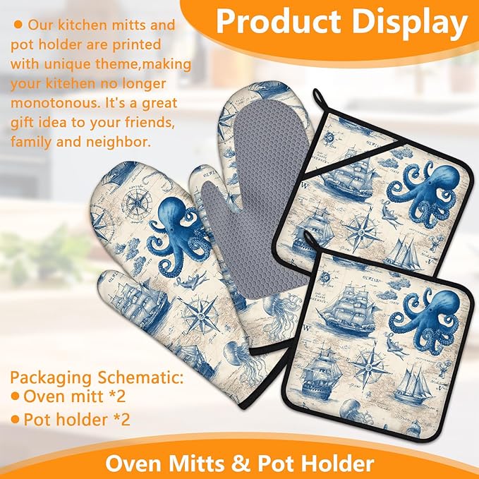 Sea Octopus Compass Oven Mitts and Pot Holders Sets 4Pcs Silicone Non-Slip Mitts Heat Resistant Gloves Hot Pads for Kitchen Cooking Baking Grilling BBQ