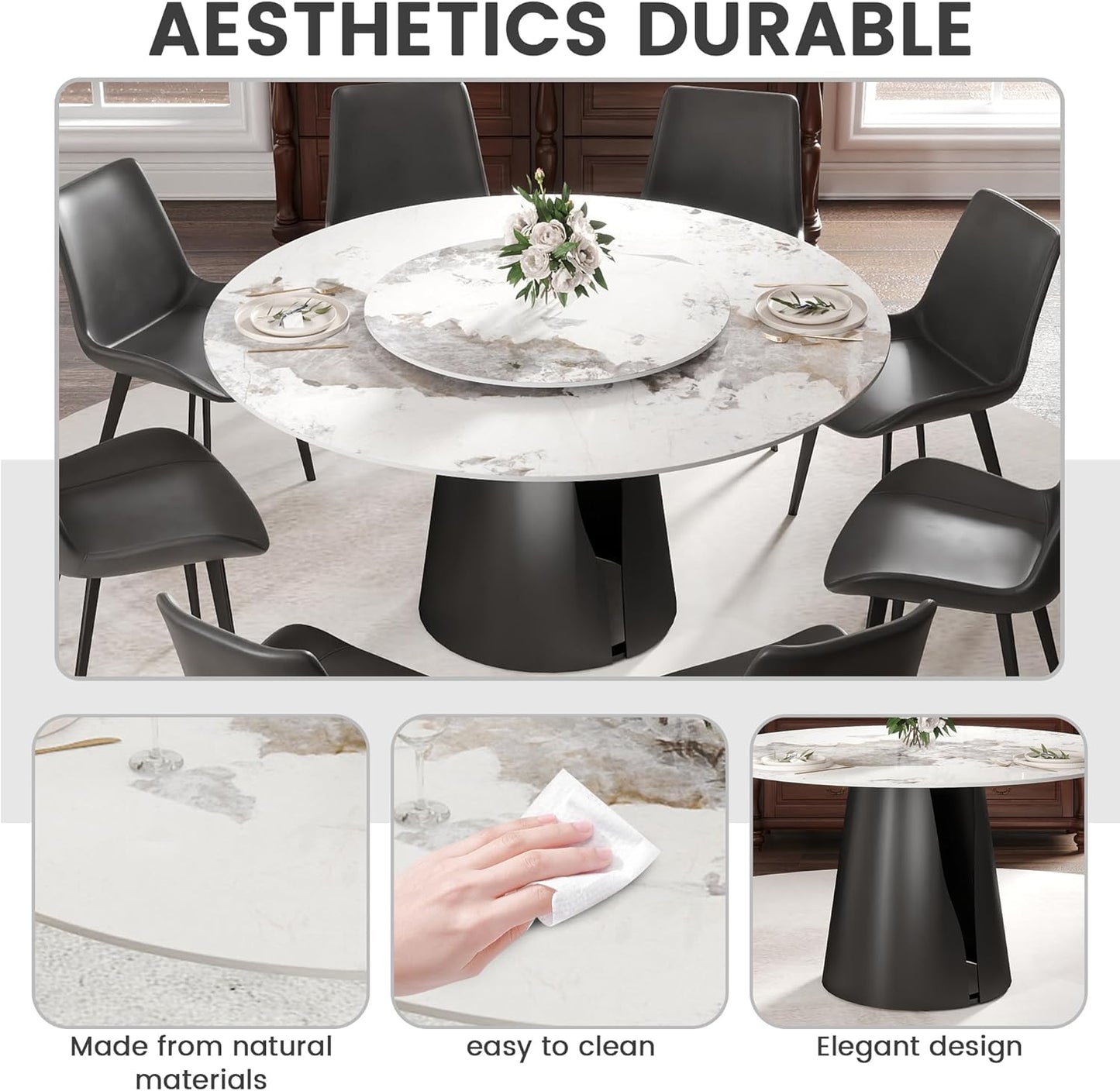 Montary 59" Modern Artificial Marble Round Dining Table with Black Carbon Steel Base & 31.5" White Sintered Stone Turntable, Dining Room Table with Lazy Susan for 6-8 (Only Table)