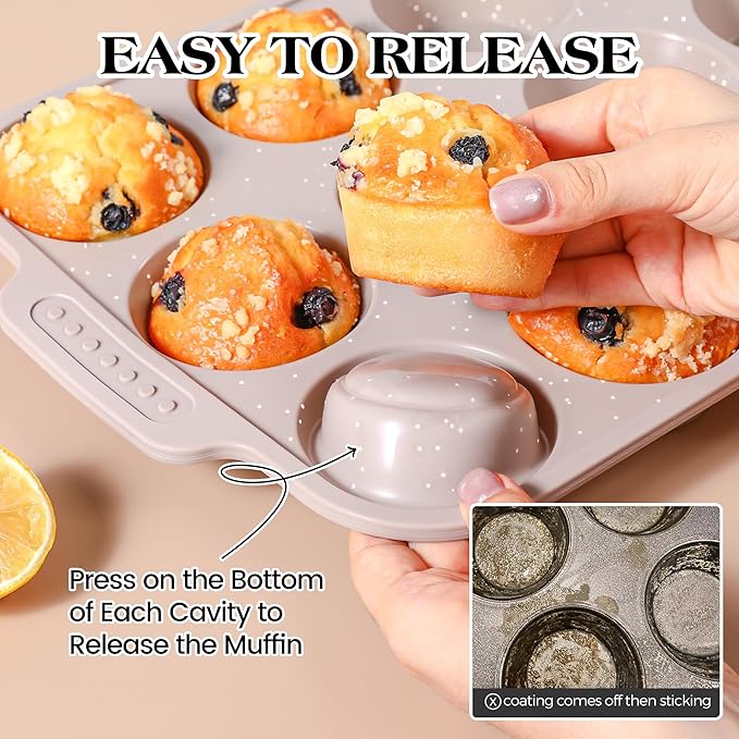 2 Pcs Silicone Muffin Pans for Baking with Metal Reinforced Frame, Nonstick Cupcake Tray for Oven, 12 Cups Regular and 24 Cups Mini Size Silicone Molds for Egg Bites (Brown, Cream)