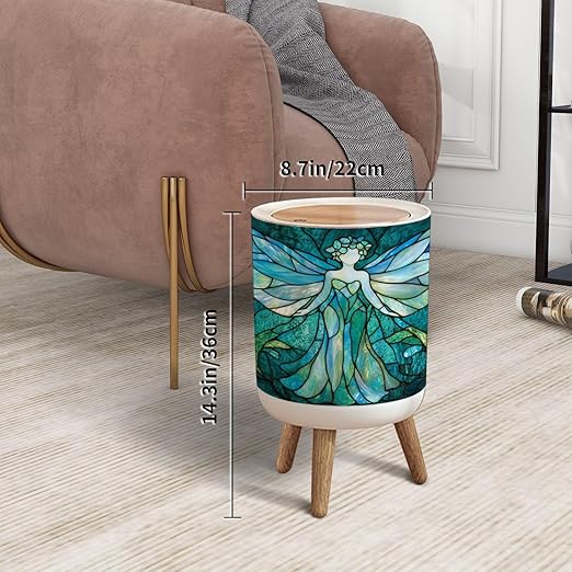 Trash Can with Lid Delicate Flower Fairy Teal Stained Glass Art Press Top Round Small Garbage Bin with Wooden Legs Waste Basket for Kitchen Bedroom Nursery 7L/1.8 Gallon