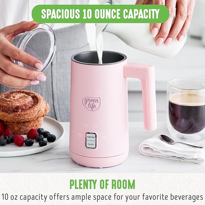 GreenLife Ceramic Electric Milk Frother, 10oz, 4-in-1, Auto Hot and Cold Foam, Dense and Light Foam, PFAS Free, Cordless Milk Warmer and Steamer for Latte, Coffee, Pink