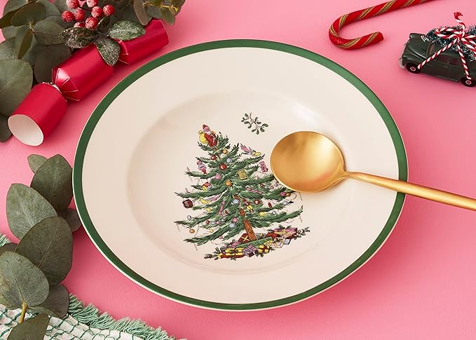 Spode Christmas Tree 9" Soup Plate (Set of 4) – Stoneware Bowls with Festive Tree Design & Green Rim, Ideal for Serving Soup, Pasta, Salad – Microwave & Dishwasher Safe Holiday Dinnerware