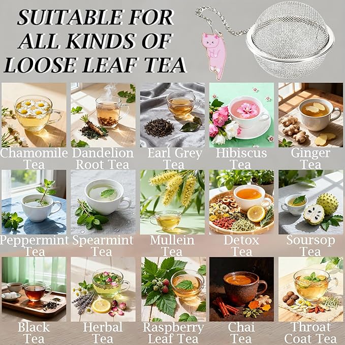 Cat Tea Infuser Set 2PCS, Loose Leaf Tea Strainers with Cute Alloy Charm, Stainless Steel Mesh Steeper for Flower Fruits Spices Herbal Tea and Cold Brew