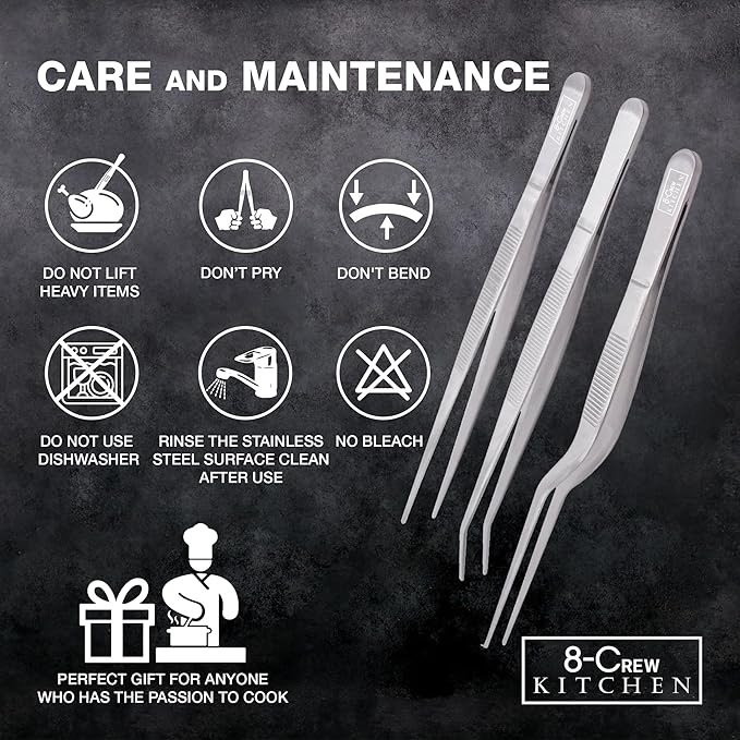 8-CREW KITCHEN Culinary Stainless Steel Tweezers, 6-inch Set of 3 Chef Precision Tongs for Plating, Decorating, Food Design, Bar and Multi-Purpose