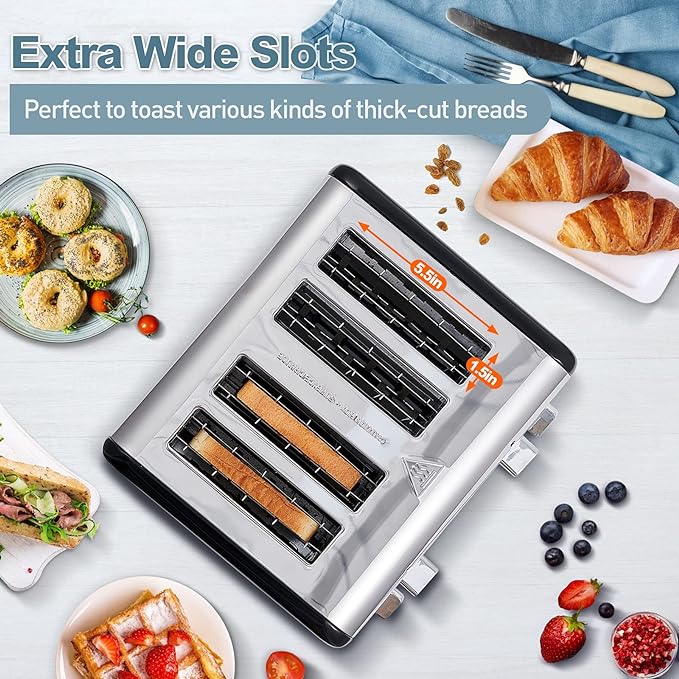 CUSIMAX 4 Slice Toaster, Ultra-Clear LED Display & Extra Wide Slots, Stainless Steel Toaster with Dual Control Panels of 6 Shade Settings, Cancel/Bagel/Defrost Function, Removable Crumb Trays, Black