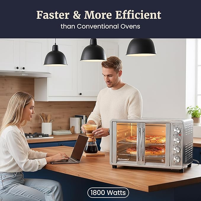 Elite Gourmet ETO-4510M French Door 47.5Qt, 18-Slice Convection Oven 4-Control Knobs, Bake Broil Toast Rotisserie Keep Warm, Includes 2 x 12" Pizza Racks, Stainless Steel
