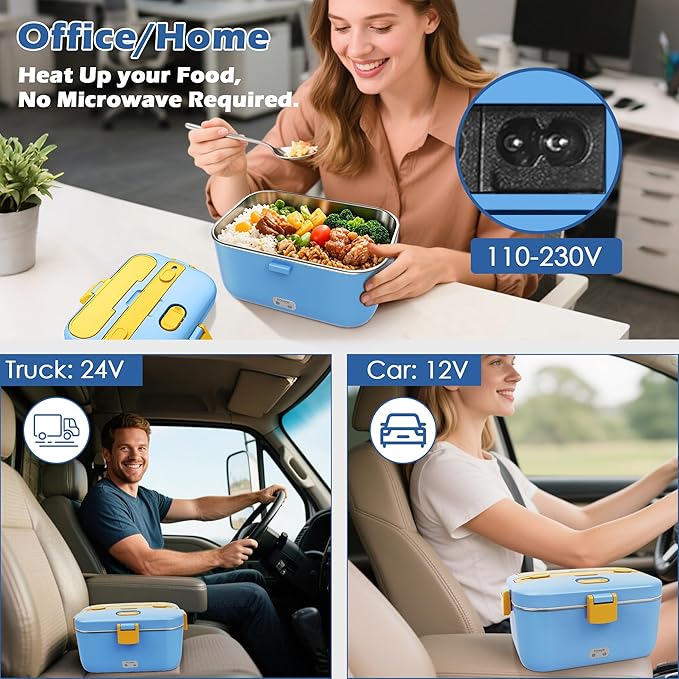COZYEXPERT 100W Heated Lunch Boxes for Adults 12V 24V 110V-230V Electric Lunch Box Food Heater for Car/Truck Portable Food Heating Boxes with 1.8L 304 SS Containe