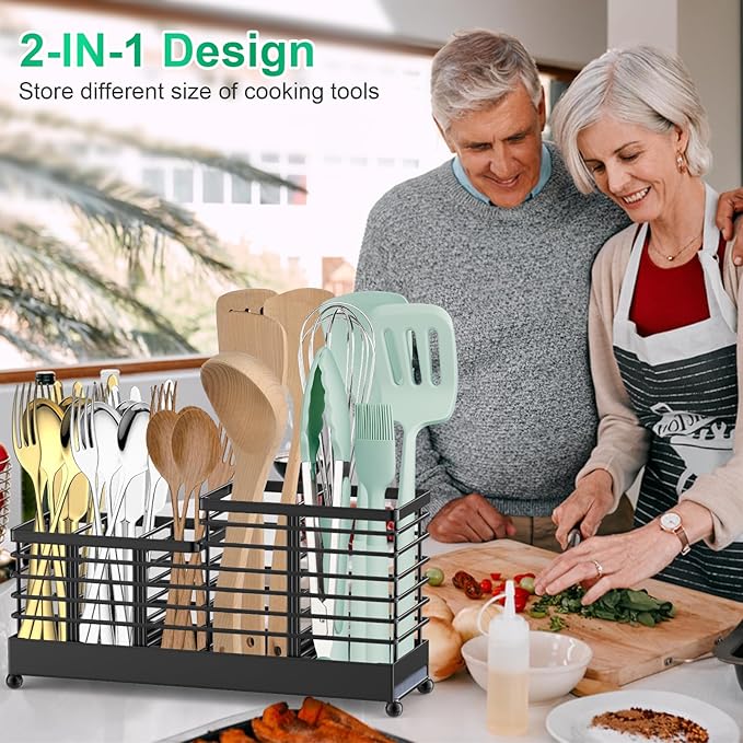 TomCare Utensil Holder with Water Absorbent Diatomite Stone 3 Removable Dividers Large Silverware Organizer Sturdy Cooking Utensils Organizer Caddy Metal kitchen Organizers and Storage for Counter