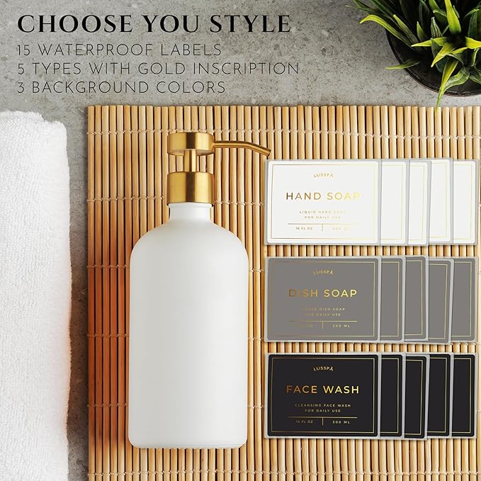 Glass Soap Dispenser Set of 2 (White) with Silicone Tray | Hand and Dish Soap Dispenser for Kitchen and Bathroom | 16.8 Oz Glass Bottles with Stainless Steel Pump & 15 Waterproof Labels (White/Gold)