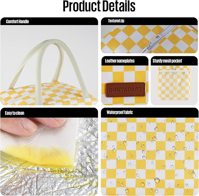 douyadady Lunch Bag Women/Men Lunch Box Women/Men (Yellow+White Checkerboard)