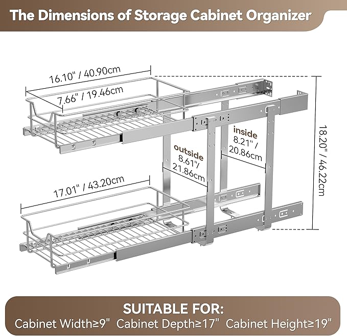 2 Tier Pull Out Cabinet Organizer 9" W X 17" D, Slide Out Drawers For Kitchen Cabinets, Pull Out Drawers For Cabinets Capacity Heavy Duty Caddy, Cabinet Pullout Shelves Chrome-Plated,Bathroom Pantry